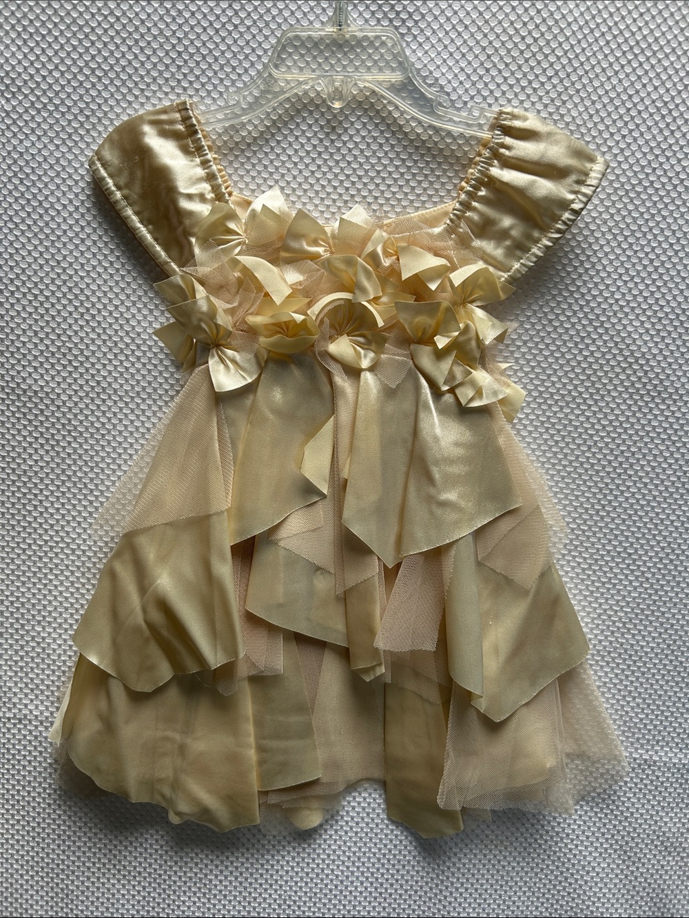 Biscotti Elegant Gold LayeredSatin Flower Trim Dress . Size 12 months. NWT